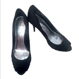 WHBM Black Satin Pumps High Heels Stilettos 7.5 Career Shoes Office Work Open